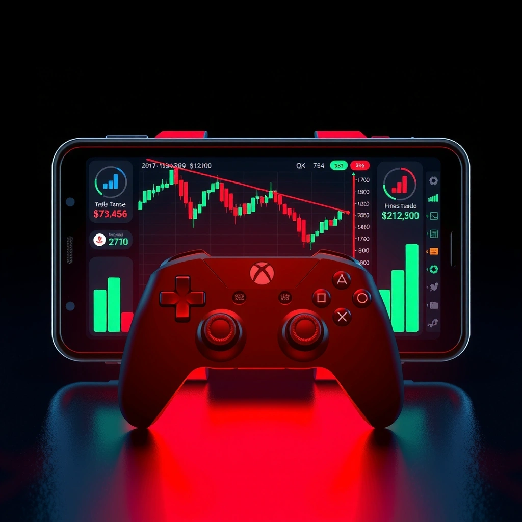 Interfaz de juego móvil con elementos de trading